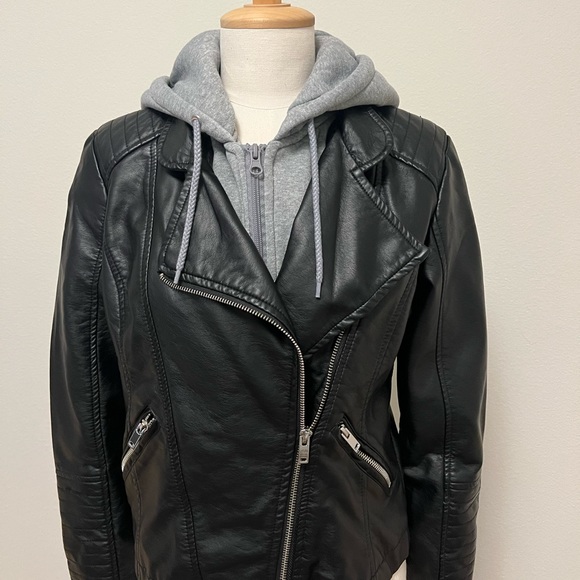 Faux Leather Contrast Hooded Jacket - Picture 3 of 7